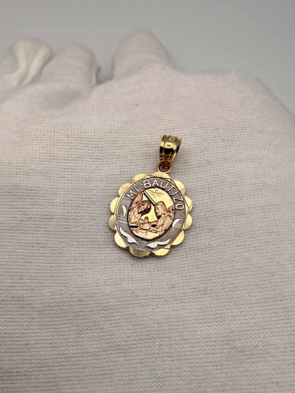 14K Tri Color Gold Mi Bautizo Oval  Pendant